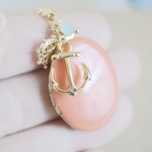 Gold Anchor Sailor Charms Necklace with Coral Enamel Locket
