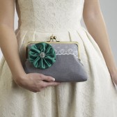 Grey Clutch with Emerald Flower Brooch