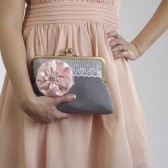 Nude/Blush Wedding- Grey Bridal Clutch with Soft Pink Flower Brooch