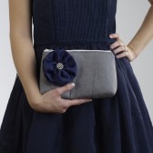 Grey pleated bridesmaid bag with Navy flower