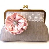 Grey Wedding Clutch with Rose Flower Brooch