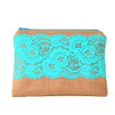 brown linen pouch with aqua vintage lace