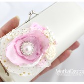 Bridal Clutch Purse in Pink and Ivory with Gorgeous Handmade Flowers, Brooches, Pearls and my Stamens' Accents