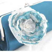 Bridal Clutch Purse in Navy Dark Blue and White with Beautiful Handmade Flowers, Brooches and Pearls