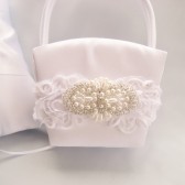 White Flower Girl Basket with Pearl and Rhinestone Applique