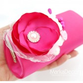 Bridal Clutch Purse in Fuchsia Hot Pink and White with Beautiful Handmade Flowers, Brooches and Pearls