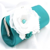 Bridal Clutch Purse in Teal and White with Beautiful Handmade Peony and Flowers, Brooches and Pearls