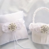 White Flower Girl Basket and Pillow Set with Pearls and Rhinestones