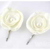 Set of 2 Bobby Pins with Handmade Flowers and Pearls in Ivory