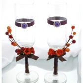 Wedding Autumn Glasses with Flowers, Brooches and Stemens in Dark Brown, Purple and Orange (1 Pair)