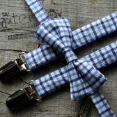 Light blue and dark blue gingham bow ties and suspenders