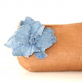brown linen clutch with denim flower brooch