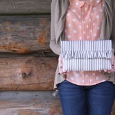 clutch purse in blue and cream ticking