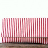 clutch purse in red and cream ticking fabric