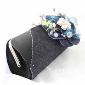 Jean's Wedding Clutch Purse in Black Navy Dark Blue and White with Beautiful Handmade Flowers, Brooches and Pearls