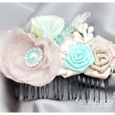Hair Comb with Handmade Flowers, my Stamen's Accent and Cluster in Tan, Mint and Ivory