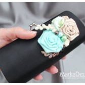 Bridal Clutch Purse in Black Cream and Mint with Gorgeous Handmade Flowers, Glass Pearls and my Stamens' Accents