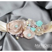 Bridal Sash in Tan, Ivory, Champagne and Mint with Brooches, Glass Beads and Handmade Flowers
