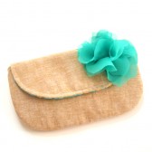 tan linen clutch with teal chiffon fabric brooch