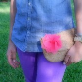 burlap clutch purse with coral chiffon flower brooch