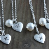 Bridesmaids Gifts, 4 Personalized Sterling Silver Heart and Fresh Water Pearl Necklaces, Bridal Discount