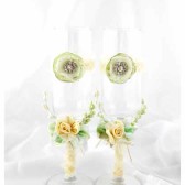 Wedding Glasses with my Stamen's Accents, Handmade Flowers, Special Ribbons in Green and Ivory