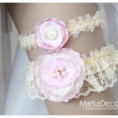 Bridal Garter sSet in Pink and Ivory with Brooches, and Handmade Flowers
