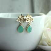 Cherry Blossom Gold Framed Minst Green Glass Jewel Drop Earrings
