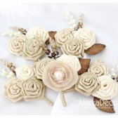 Groom and Groomsmen Boutonnieres Set of 5 with Satin Flowers in Ivory, Champagne, Cream ,Tan and Brown