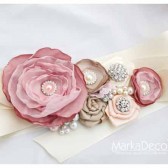 Bridal Sash in Nude, Cream, Ivory, Champagne Dusty Pink Tan with Brooches, Glass Beads and Handmade Flowers