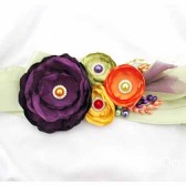 Bridal Sash in Purple Green and Yellow with Brooches, Glass Beads and Handmade Flowers