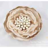 Hair Comb with a Big Multi-Petals Handmade Flower in Tan and Sparkly Brooch