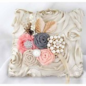 Wedding Ring Pillow in Tan Peach and Pewter with Brooches Crystals Handmade Flowers