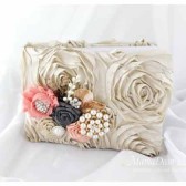 Wedding Guest Book in Tan Peach and Pewter with Brooches Crystals Handmade Flowers and Stamens' Accents