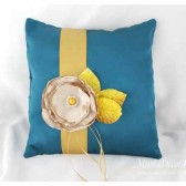 Wedding Ring Pillow in Tan Gold and Teal with Crystals Big Handmade Flower
