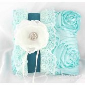 Wedding Ring Pillow in Ivory Teal and Mint with Big Handmade Flower, Lace and Crystals