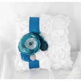 Wedding Ring Pillow in Teal Turquoise and White with Brooches Crystals Handmade Flowers