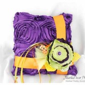 Wedding Ring Pillow in Purple Green Orange and Yellow with Brooches Crystals Handmade Flowers