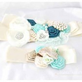 Bridal Sash in Mint Ivory and Teal with Brooches, Glass Beads and Handmade Flowers