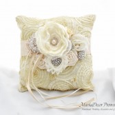Wedding Ring Pillow with Brooches Crystals Handmade Flowers in Cream and Ivory 1pc