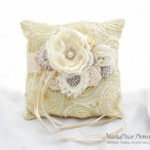 Wedding Ring Pillow with Brooches Crystals Handmade Flowers in Cream and Ivory 1pc