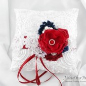 Wedding Ring Pillow with Brooches Crystals Handmade Flowers in White, Red Brick and Navy 1pc
