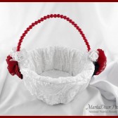 Flower Girl Basket with Brooches Crystals Handmade Flowers in White, Red Brick and Navy