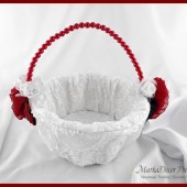 Flower Girl Basket with Brooches Crystals Handmade Flowers in White, Red Brick and Navy