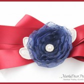Flower Girl Sash Belt / Baby Sash / Girl Belt in Red Brick, Navy and White with a Big Handmade Flower