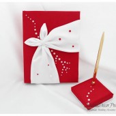 Wedding Guest Book and Pen Set in Red and White with Gorgeous Satin Decorations and Pearls