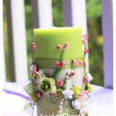 Wedding Candle with my Stamen's accents, handmade paper Flowers, special Ribbons in Green and Pink
