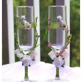 Wedding glasses with my stamen's accents, handmade flowers, special ribbons in Green and Pink (1 Pair)