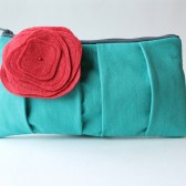 Pleated Clutch with Flower, Aqua and Red