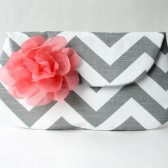Chevron Clutch, Gray and White with Coral Flower